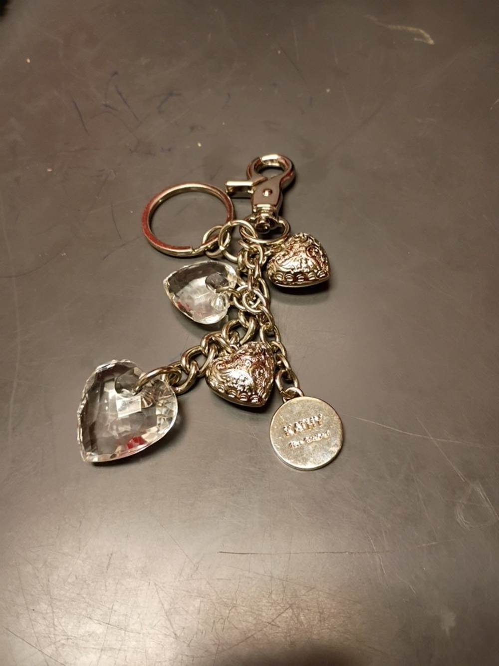 Kathy Van Zeeland Silver-Tone Heart Charm Keychain with Clear Crystal Hearts